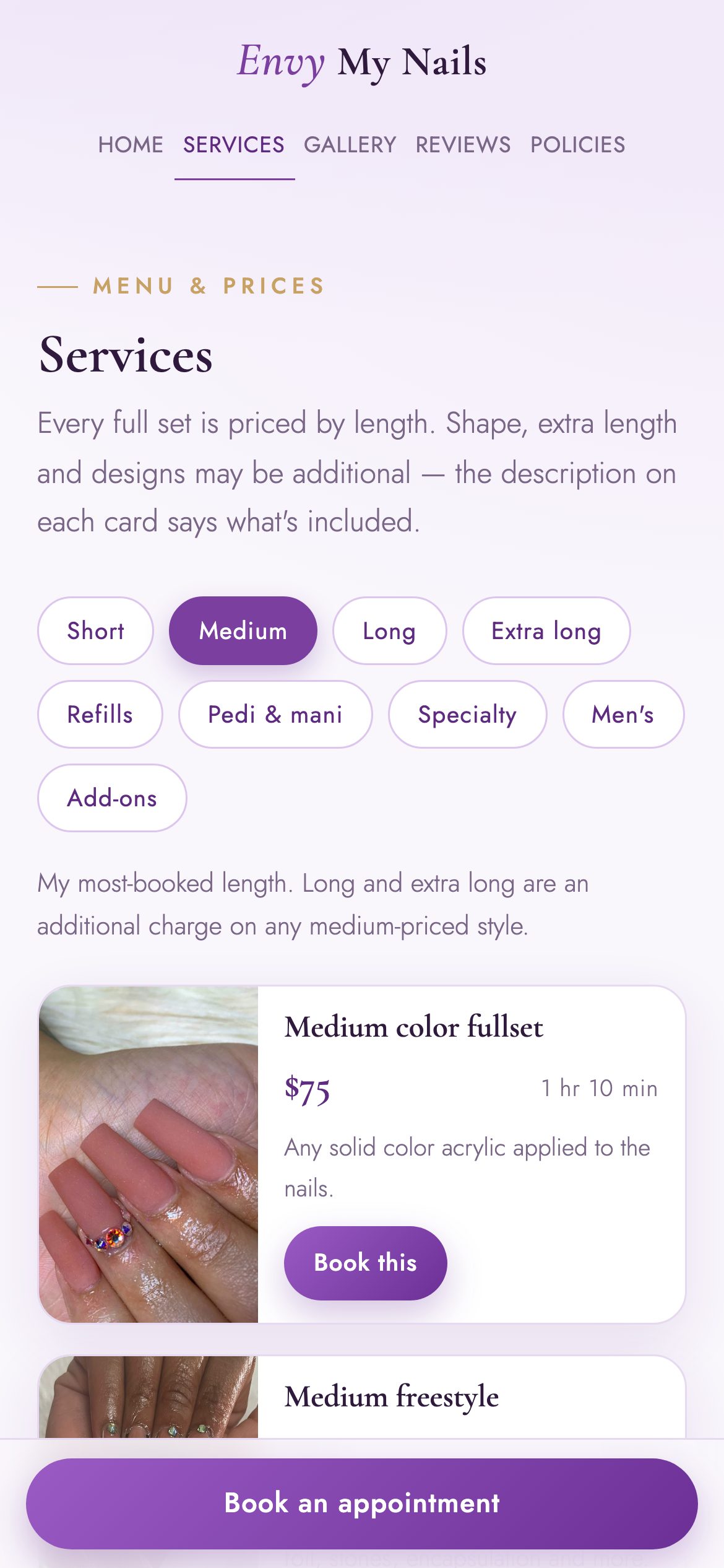 The Envy My Nails menu on a phone, each service with its price and a Book button