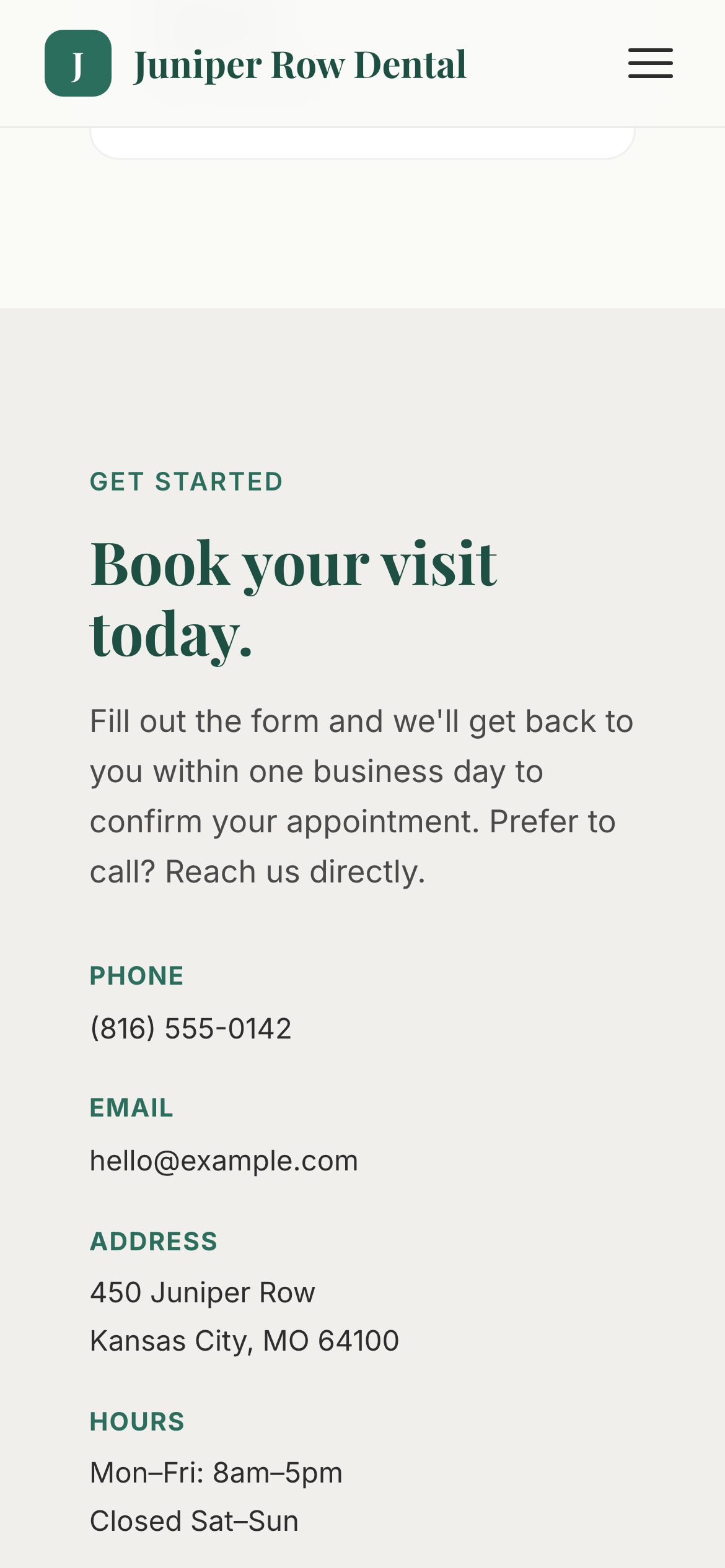 The Juniper Row Dental (sample) site on a phone: booking