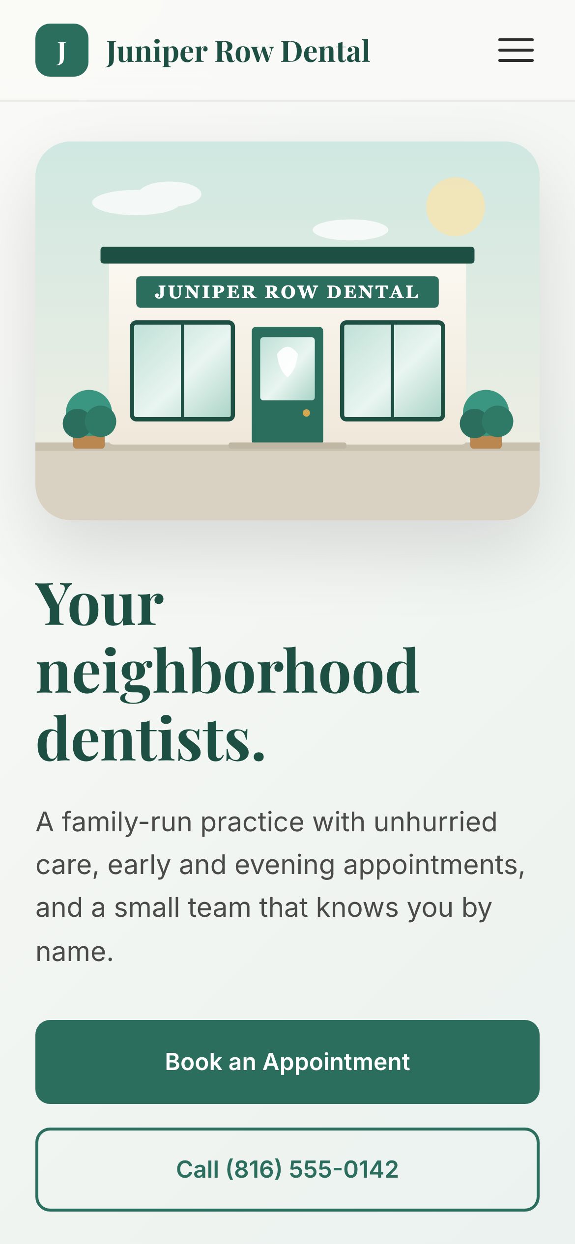 The Juniper Row Dental (sample) site on a phone: home