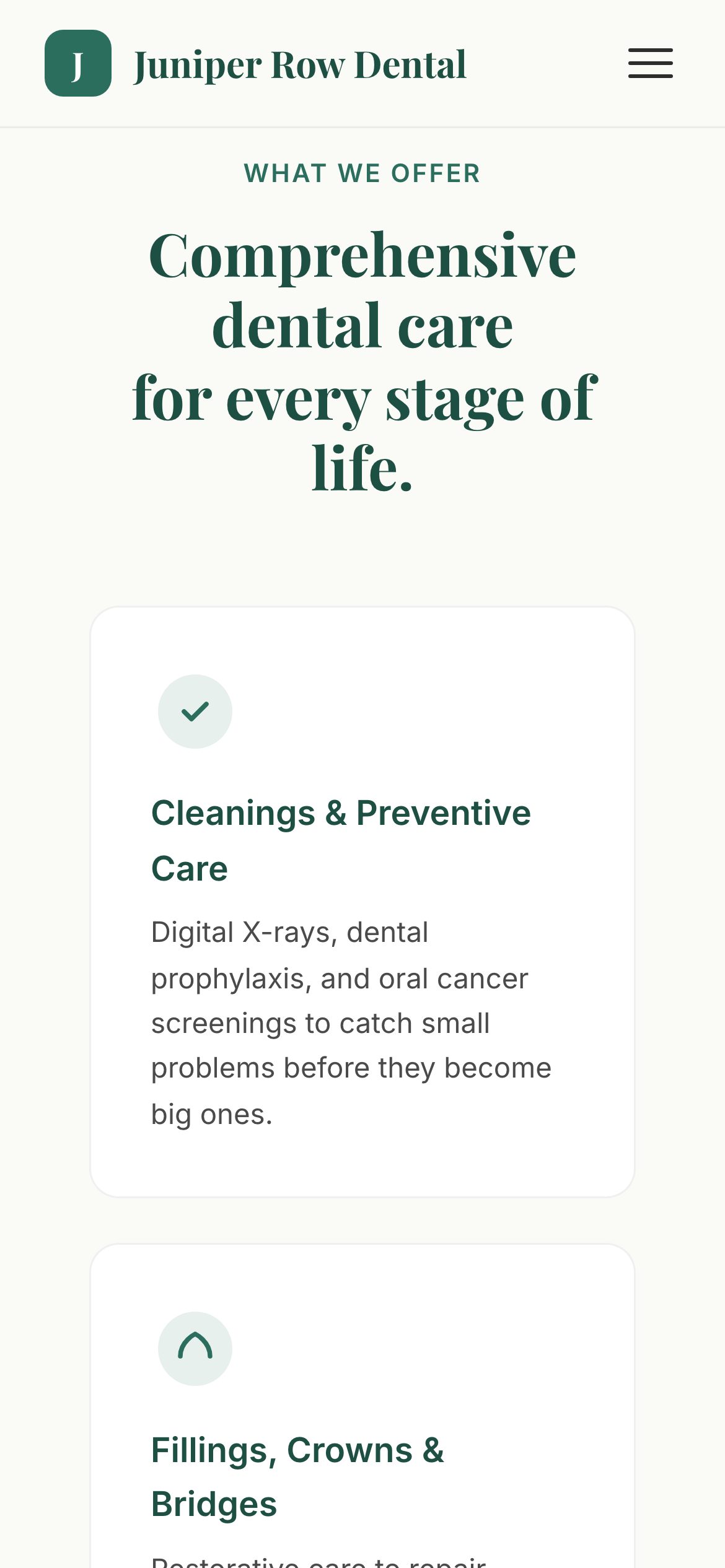 The Juniper Row Dental (sample) site on a phone: services