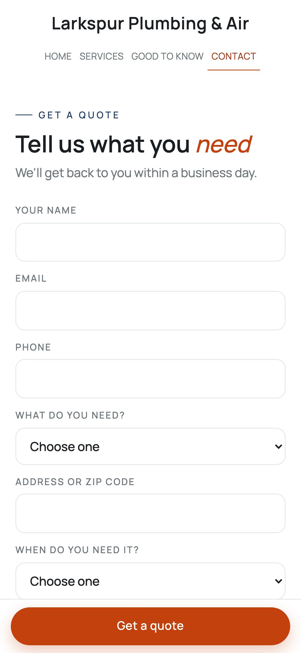 The Larkspur Plumbing & Air (sample) site on a phone: the quote form