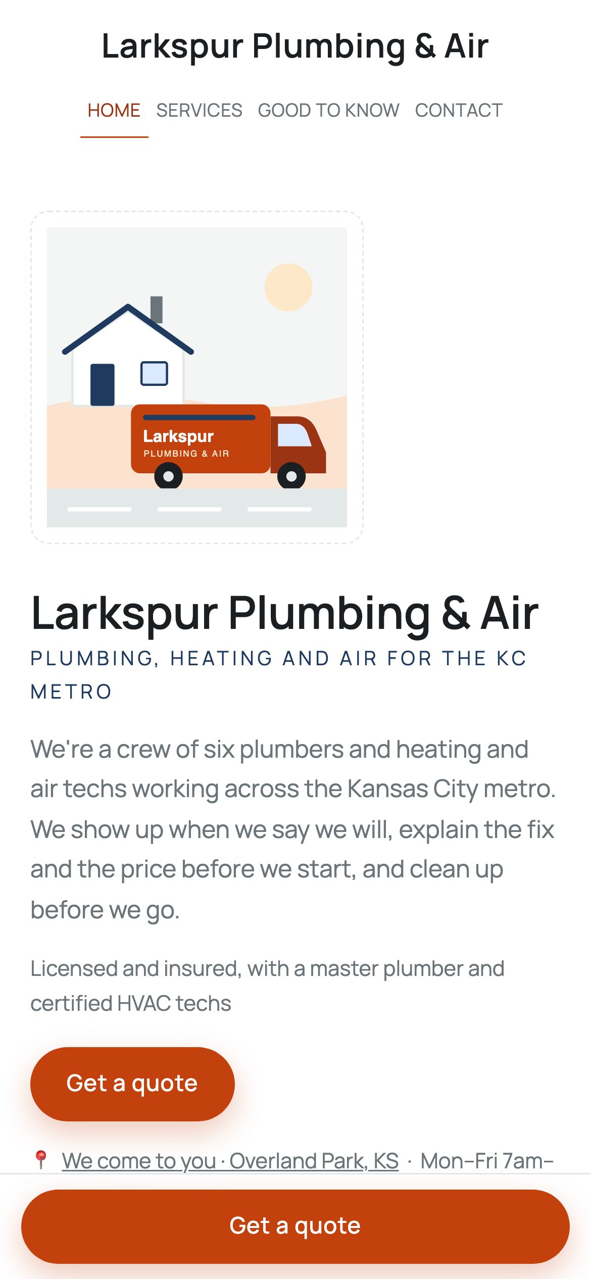 The Larkspur Plumbing & Air (sample) site on a phone: home