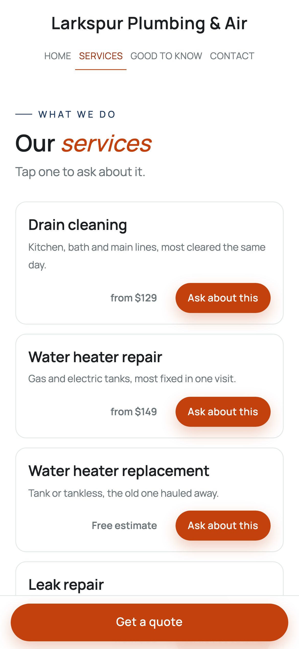 The Larkspur Plumbing & Air (sample) site on a phone: services