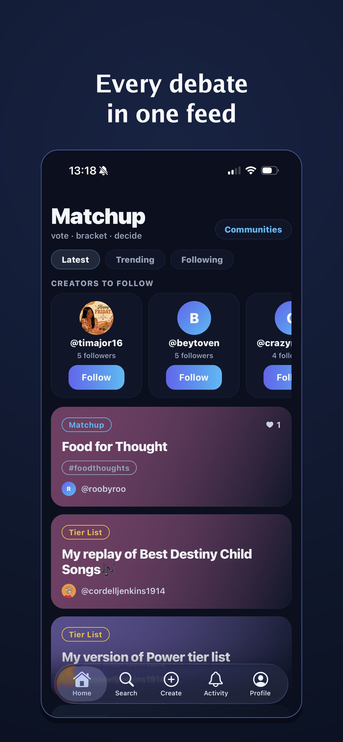 The Matchup app's home feed on an iPhone