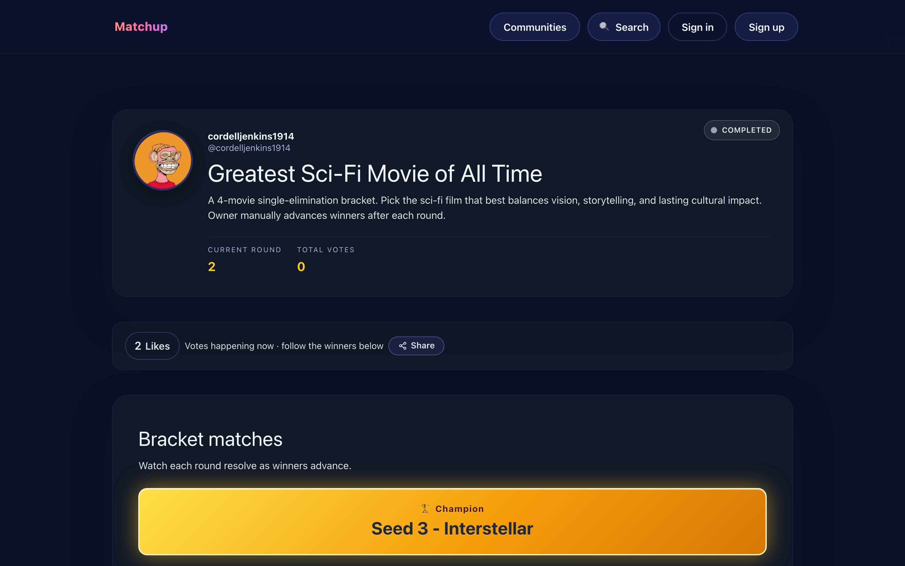 The Matchup web app in a browser: a finished movie bracket and its champion