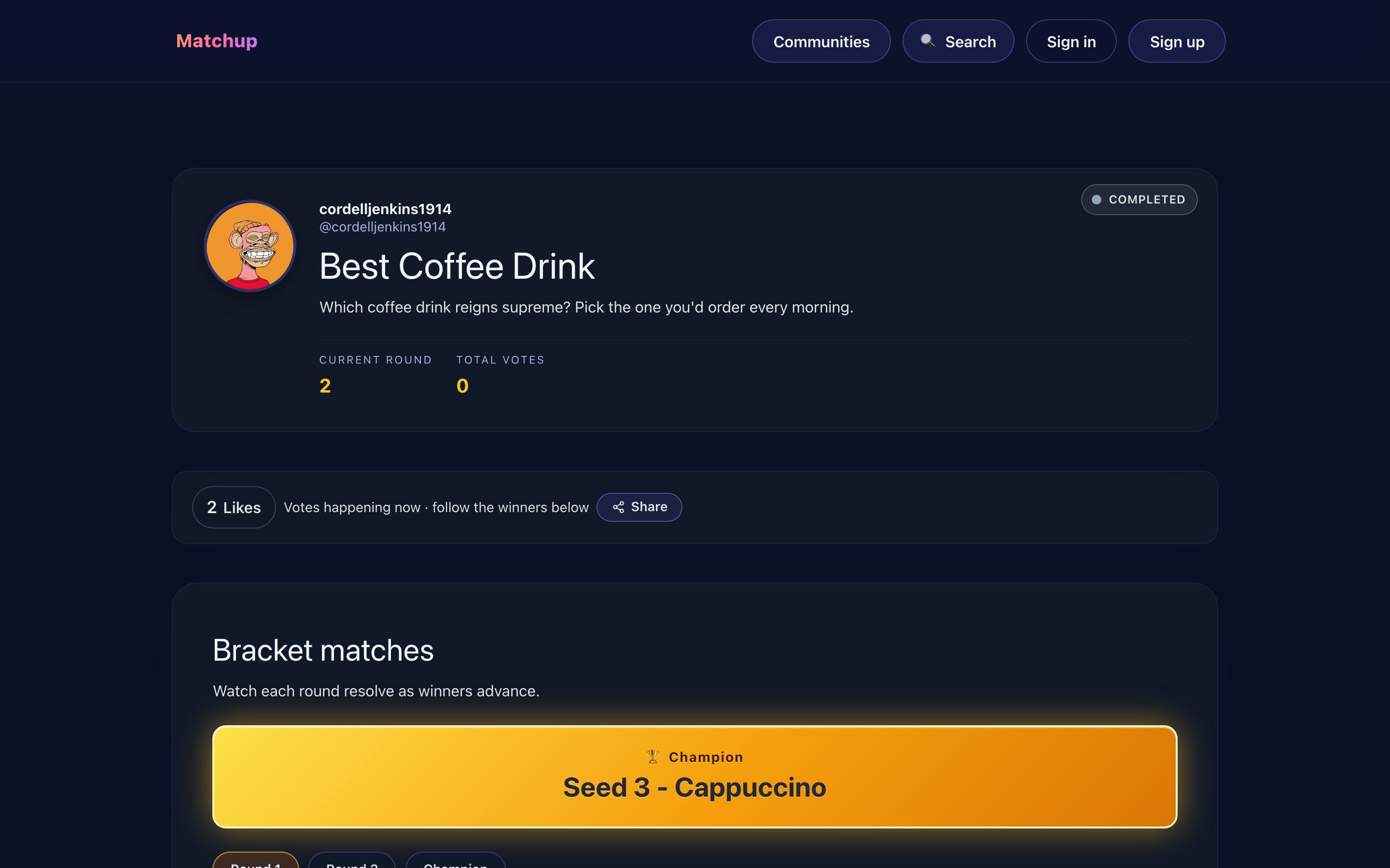 The Matchup web app in a browser: a finished coffee bracket and its champion