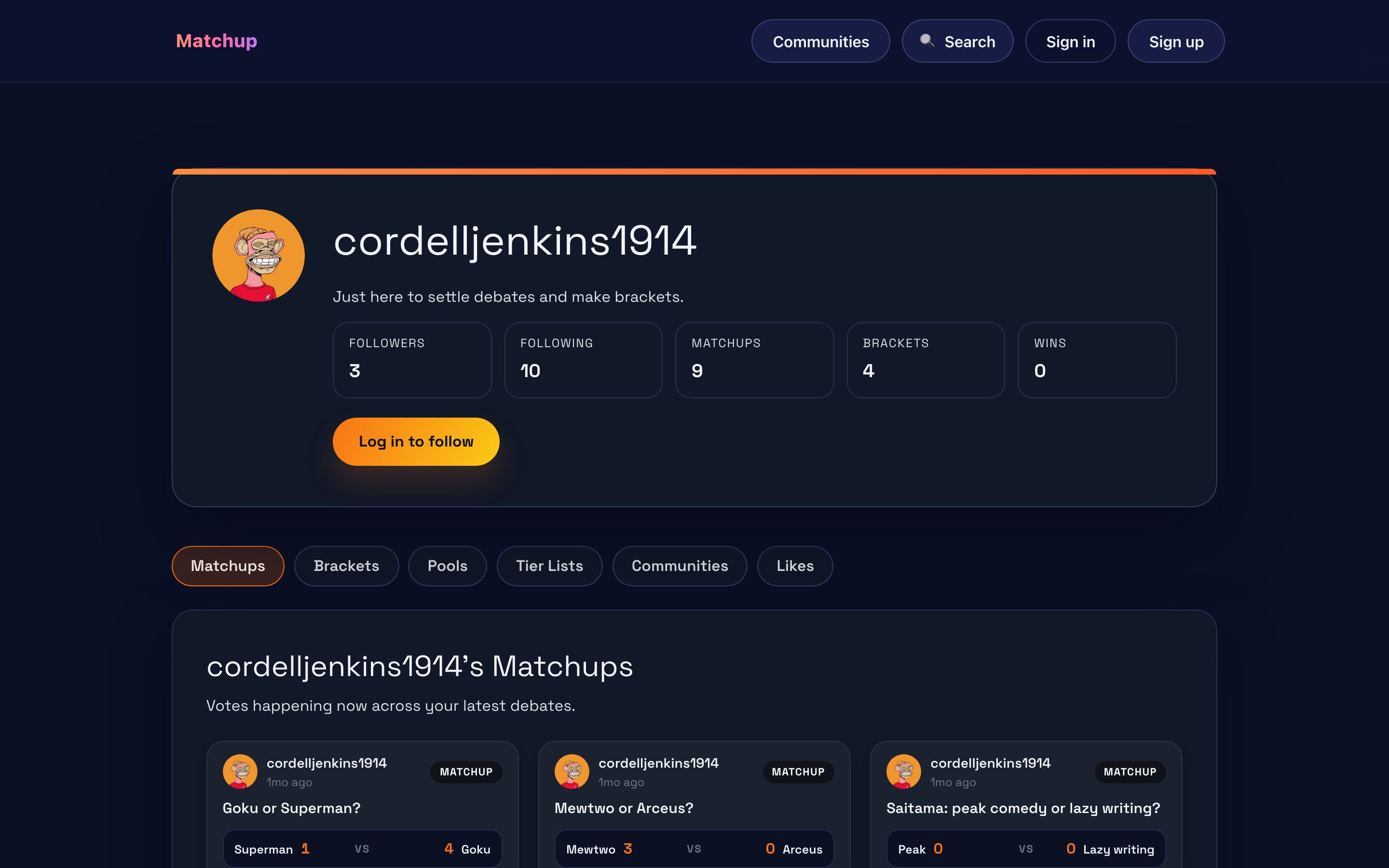 The Matchup web app in a browser: a profile page with its debates
