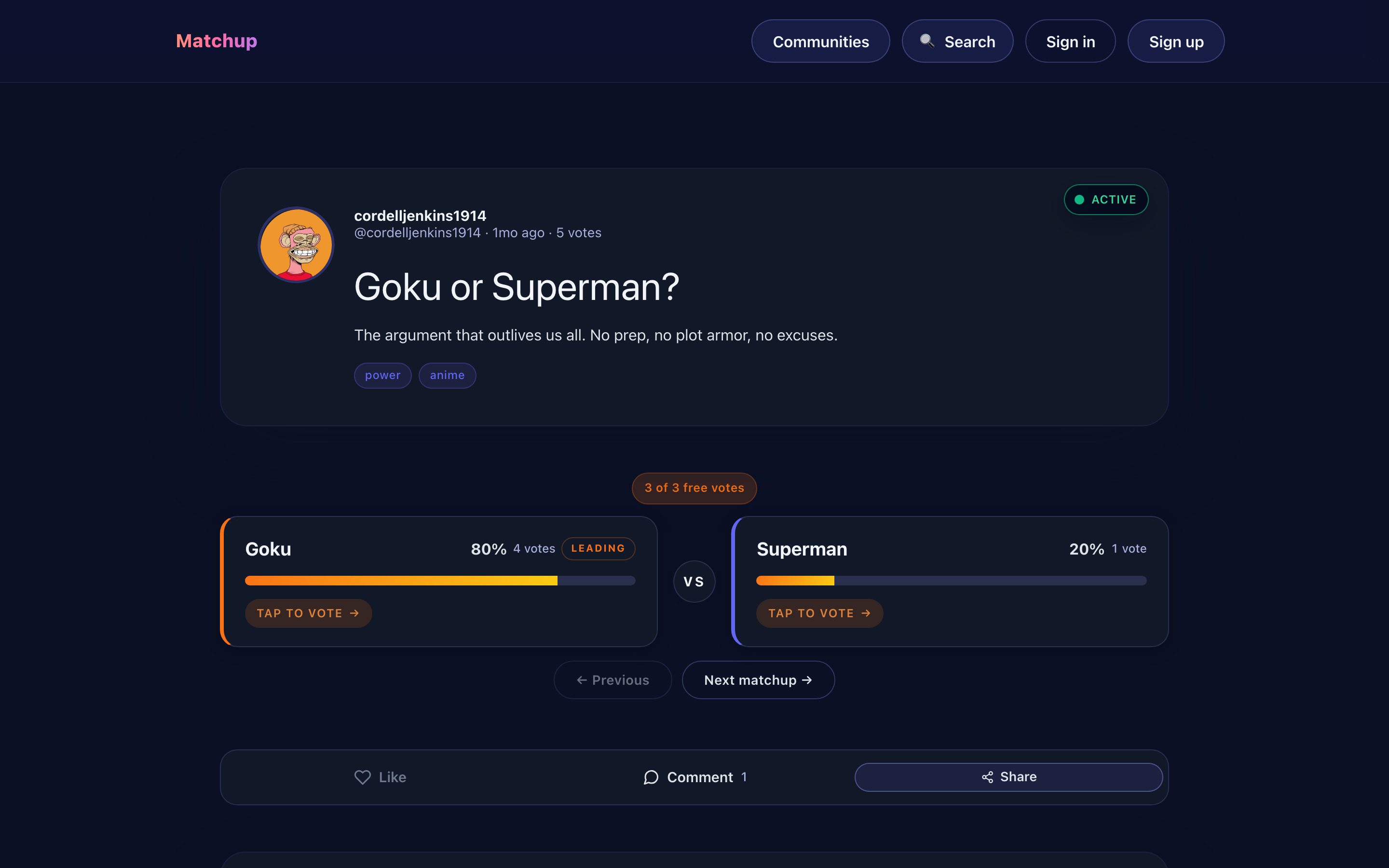 The Matchup web app in a browser: a vote on Goku or Superman